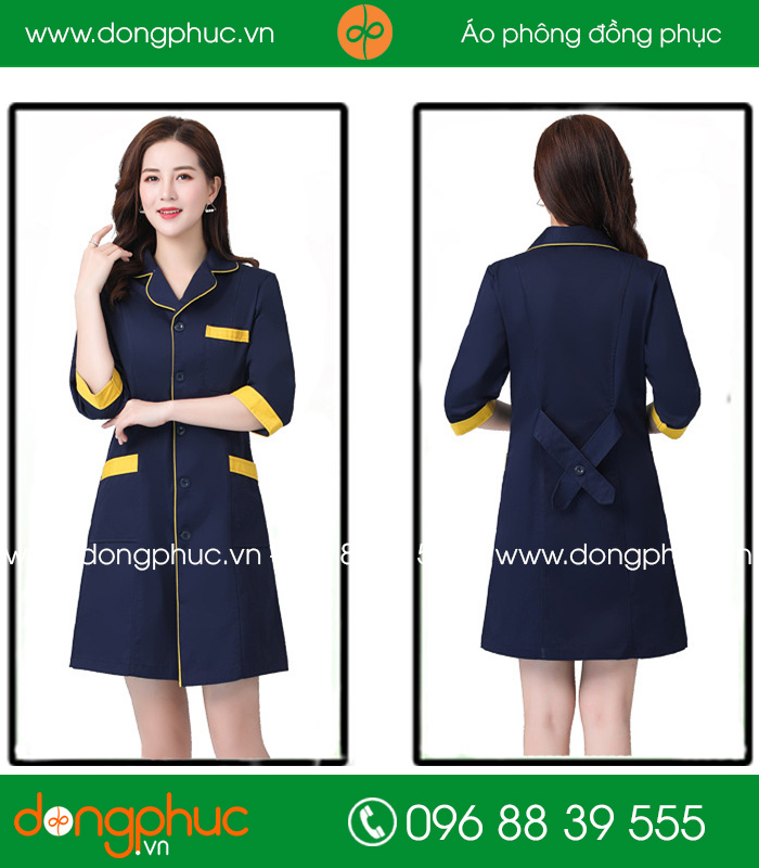Áo blouse đồng phục y tá - Bác sĩ màu tím than viền vàng